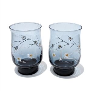 Vintage Libbey Dogwood Floral Blue Ombre Water Tumbler Glasses Tulip Pedestal